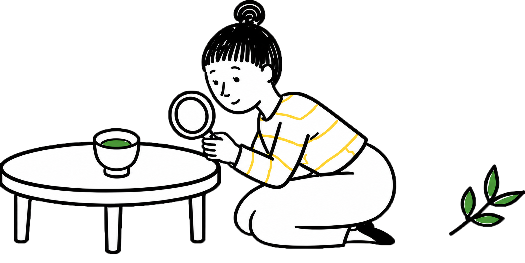 テーブルとお茶を見る人のイラスト