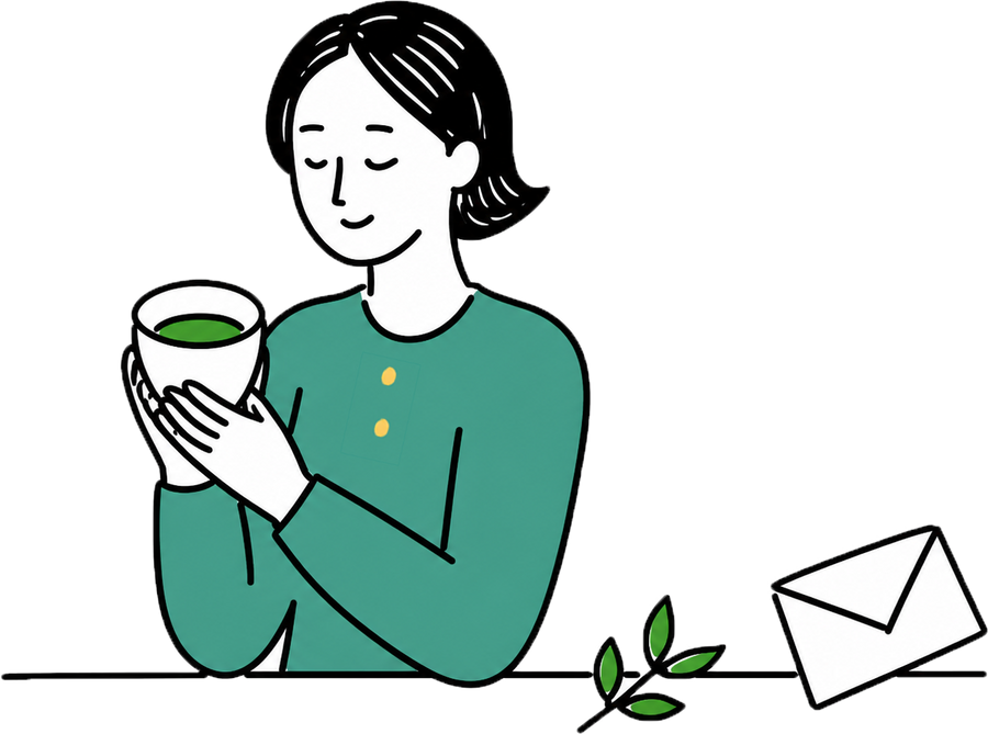 お茶を持つ人と封筒のイラスト