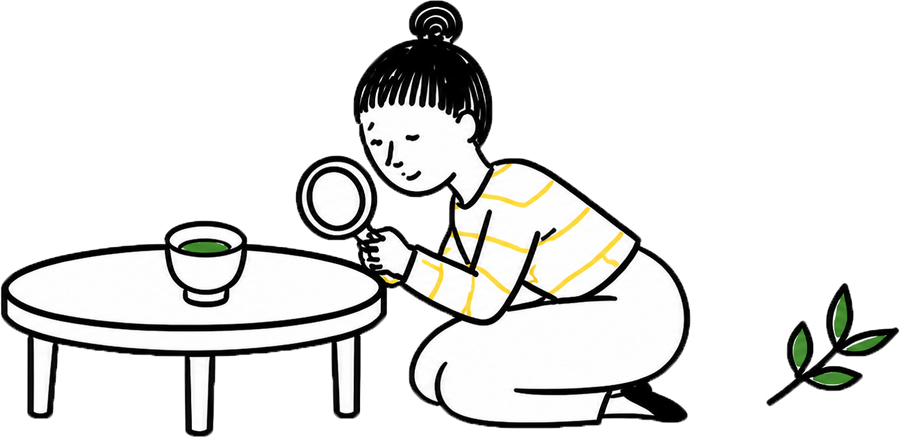 テーブルとお茶を見る人のイラスト