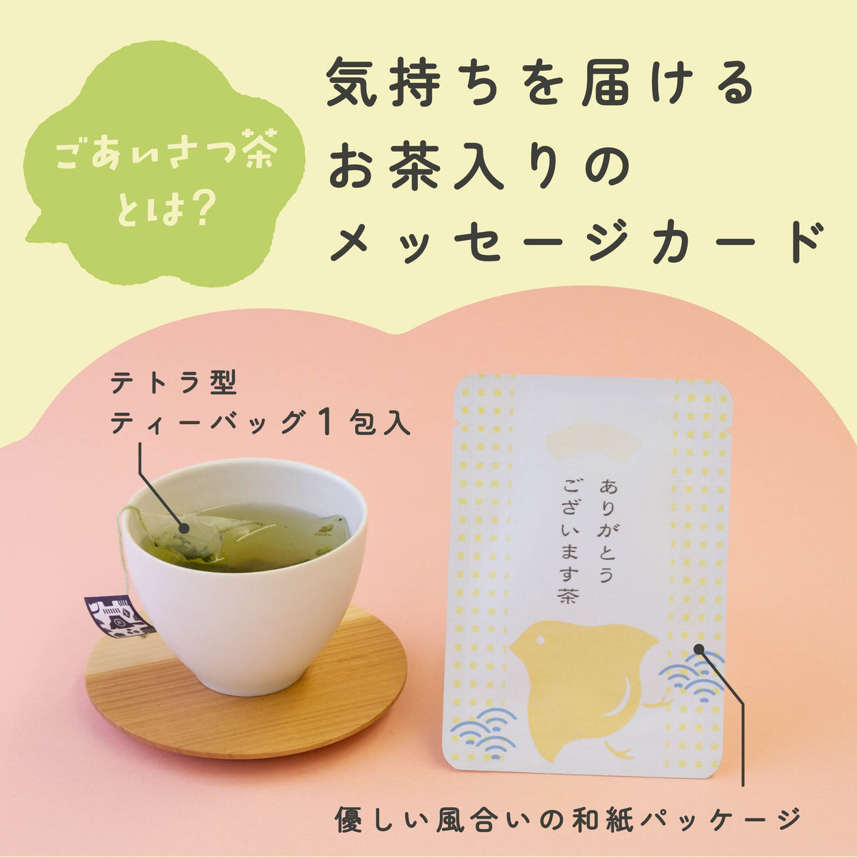 和紙風パッケージにテトラ型ティーバッグ1包を入れた、お茶入りのメッセージカード